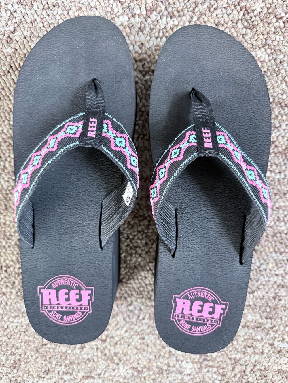 Reef Black Flip Flops with Pink and Teal Embroidered Straps - Picture 2 of 4
